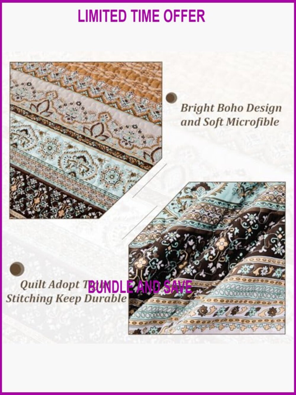 Queen Size Quilt Set, Lightweight Microfiber, Bohemian Pattern, All Season - Picture 5 of 7